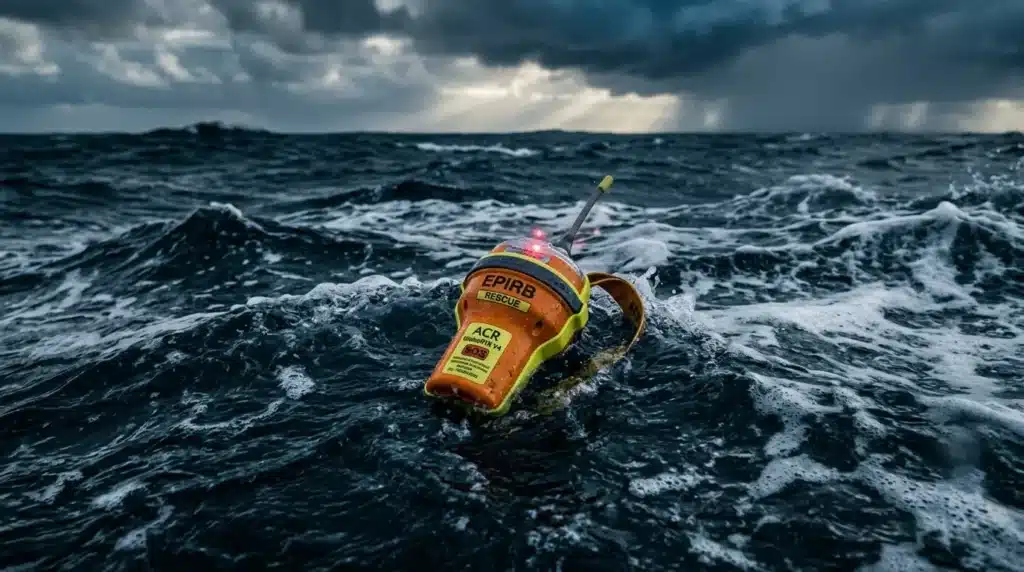 Balise EPIRB orange flottant sur les vagues de l'océan