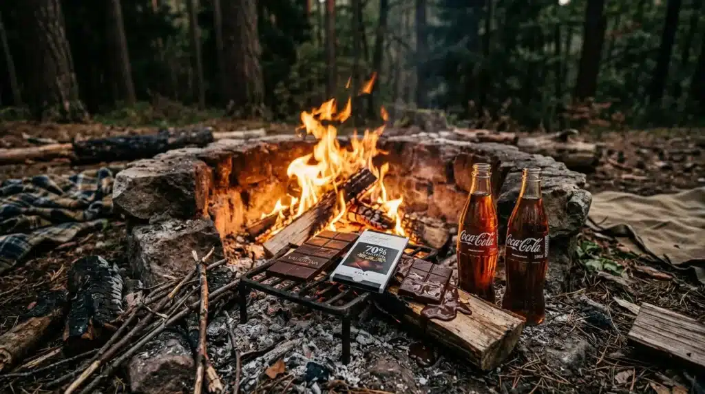 Feu de camp avec Coca-Cola et chocolats en forêt
