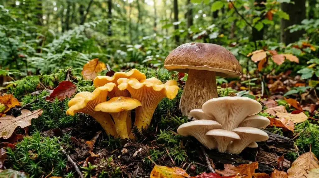Trois champignons colorés poussant sur mousse en forêt