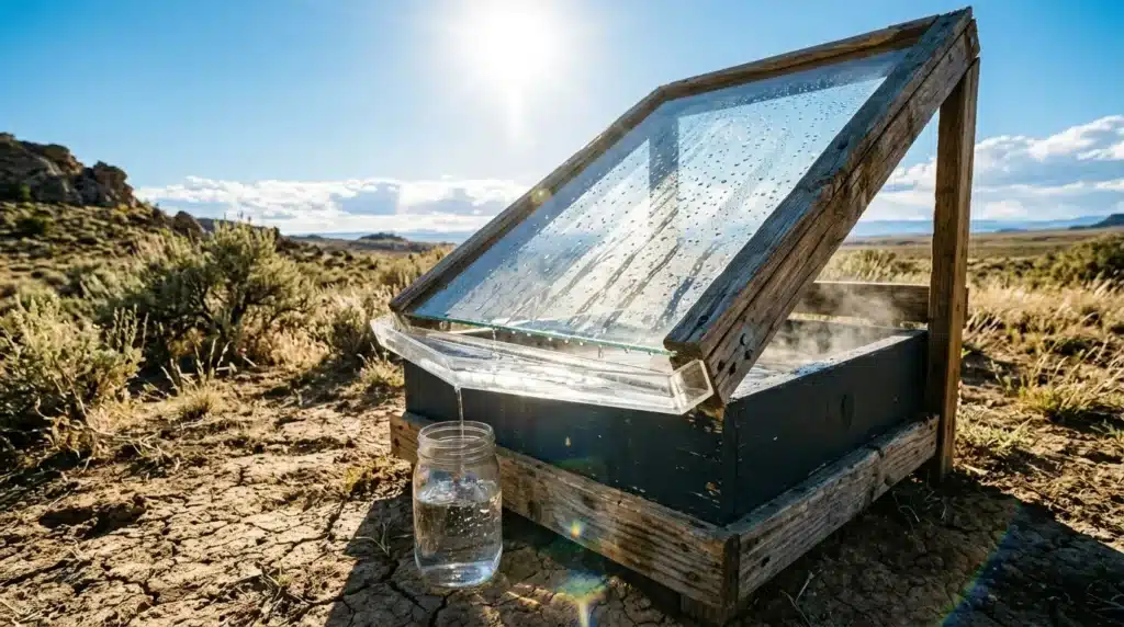 Distillateur solaire collectant eau dans désert aride