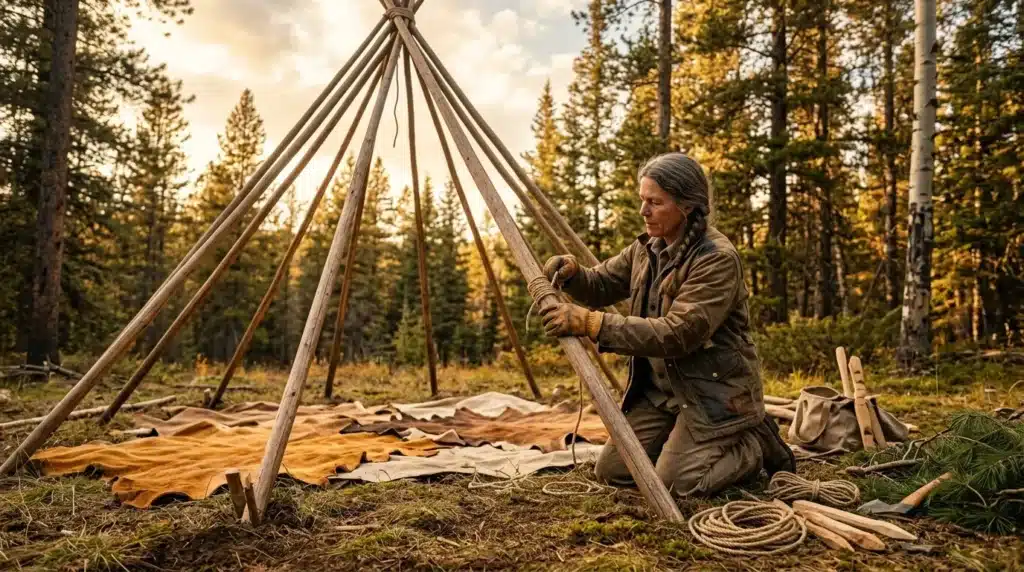 Homme construisant une structure de tipi en bois en forêt