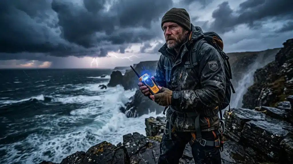 Homme avec radio sur falaise rocheuse lors d'orage côtier