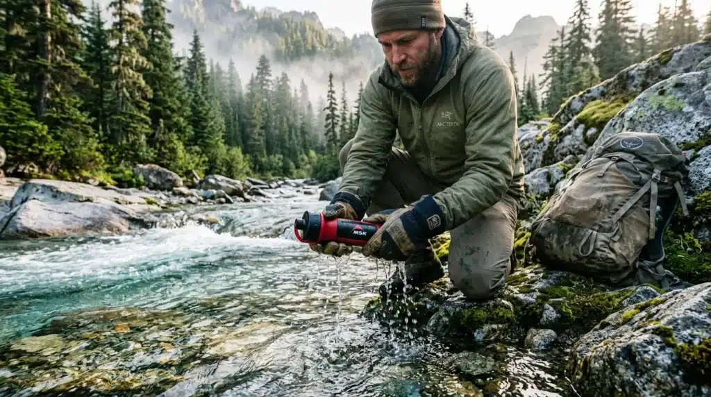 Randonneur filtrant l'eau d'un ruisseau de montagne
