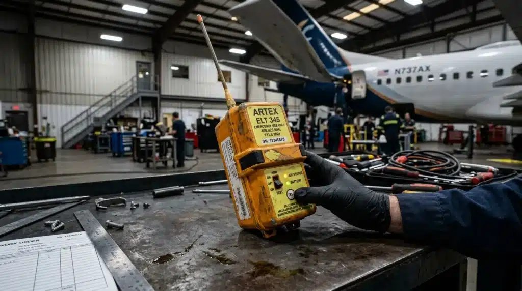 Technicien tenant balise de détresse ARTEX dans hangar avion