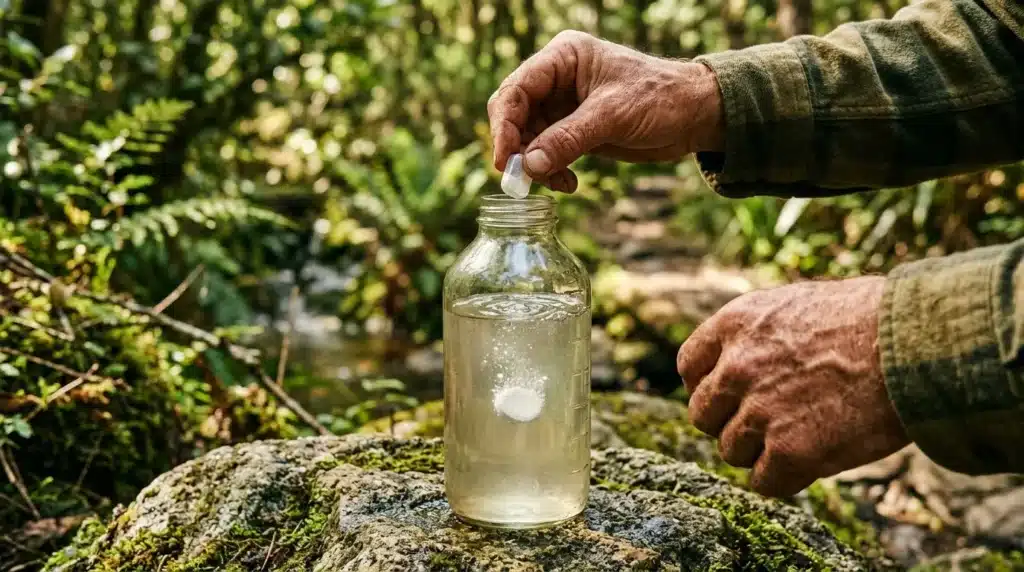Main prélevant l'eau d'une source forestière claire