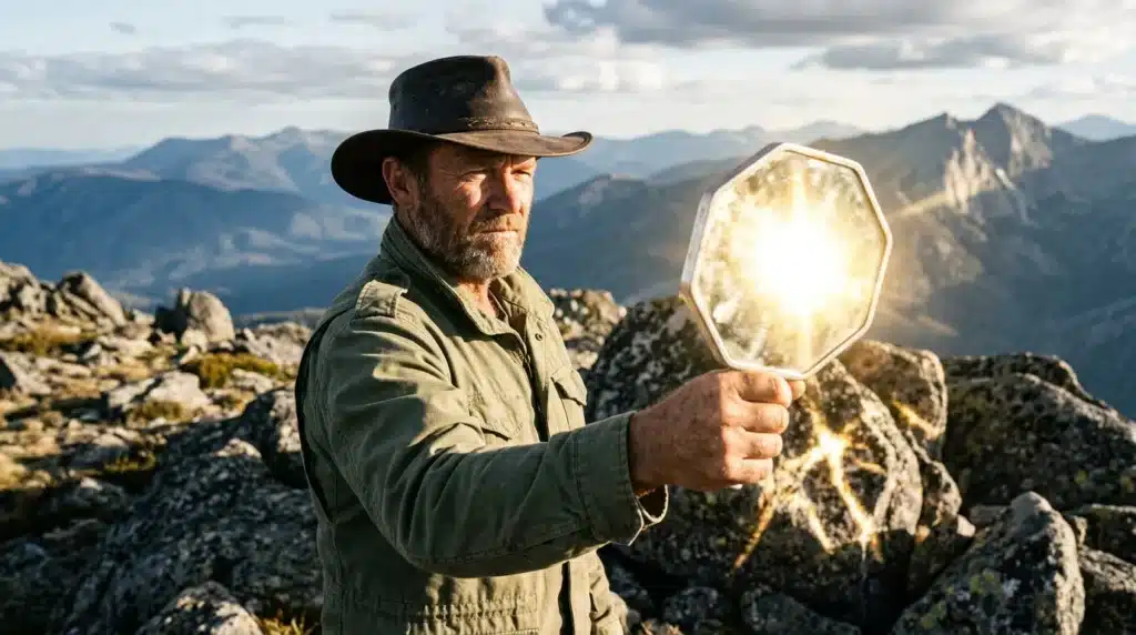 Homme avec miroir en montagne rocheuse, vallée en arrière-plan