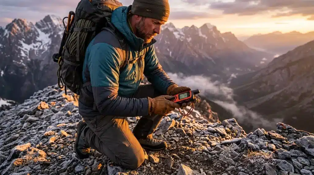 Homme avec GPS consulte sa position en montagne enneigée