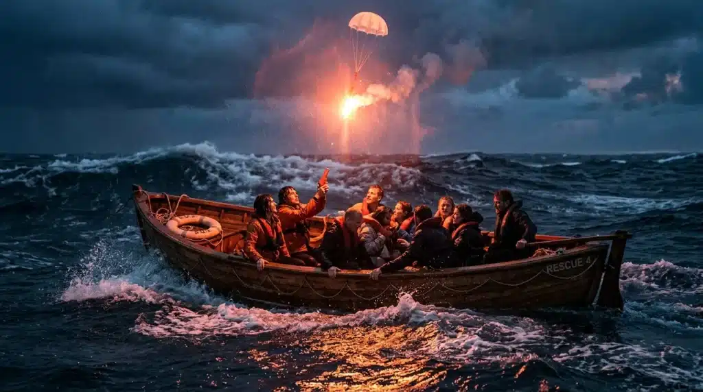 Bateau de sauvetage avec passagers en mer agitée, signal lumineux