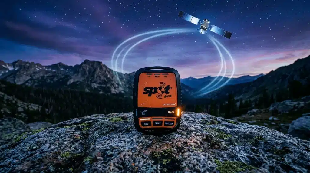 Appareil Spot Gen4 sur rocher avec satellite en orbite