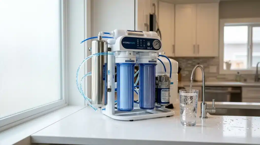 Purificateur d'eau Hydro-Pure RO-7 blanc et bleu cuisine