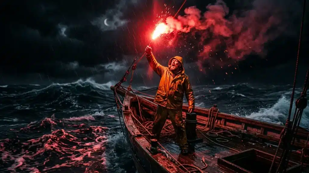 Marin tenant une torche enflammée sur bateau en tempête